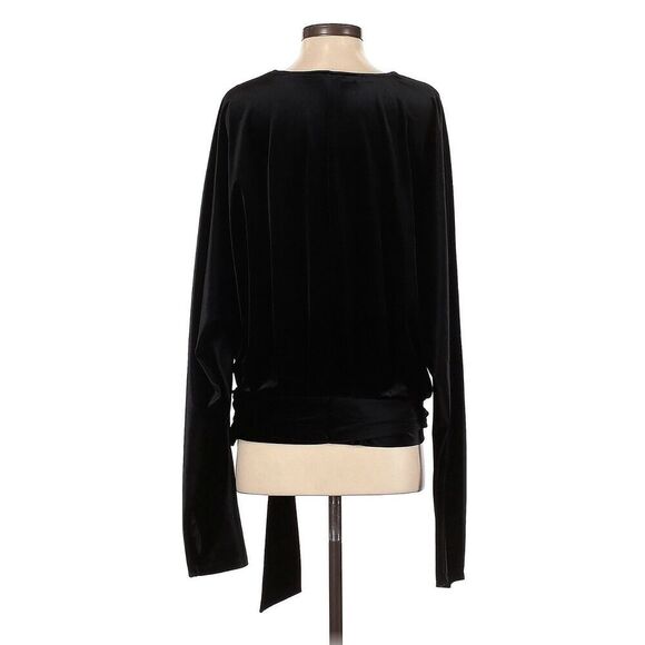GOOD AMERICAN BLACK VELVET WRAP WAIST LONG SLEEVE V NECK TOP Size 5 XXL - Picture 2 of 4